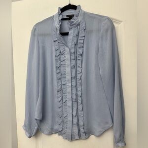 Ann Taylor Blue Chiffon Ruffle Button-Up Blouse